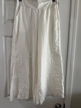 Calypso St. Barth White Embroidered Wide-Leg Linen Pants